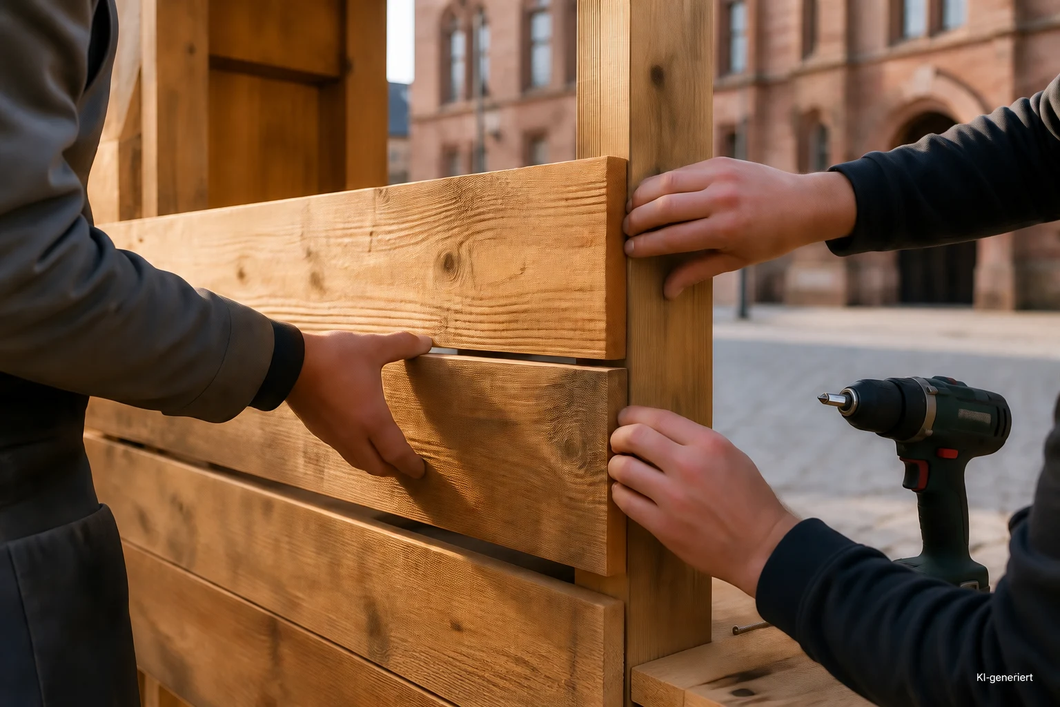 Hände fügen Holzbretter zu einem Feststand zusammen (KI-generiertes Symbolbild)