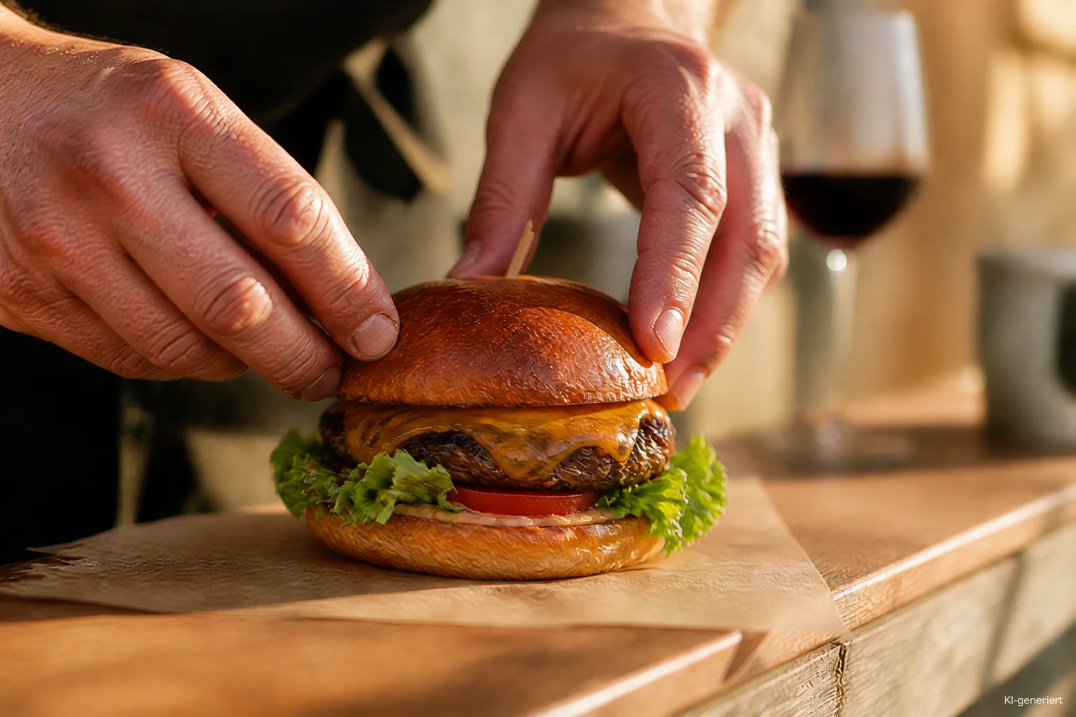 Hände richten einen Burger mit Käse, Salat und Tomate an (KI-generiertes Symbolbild)