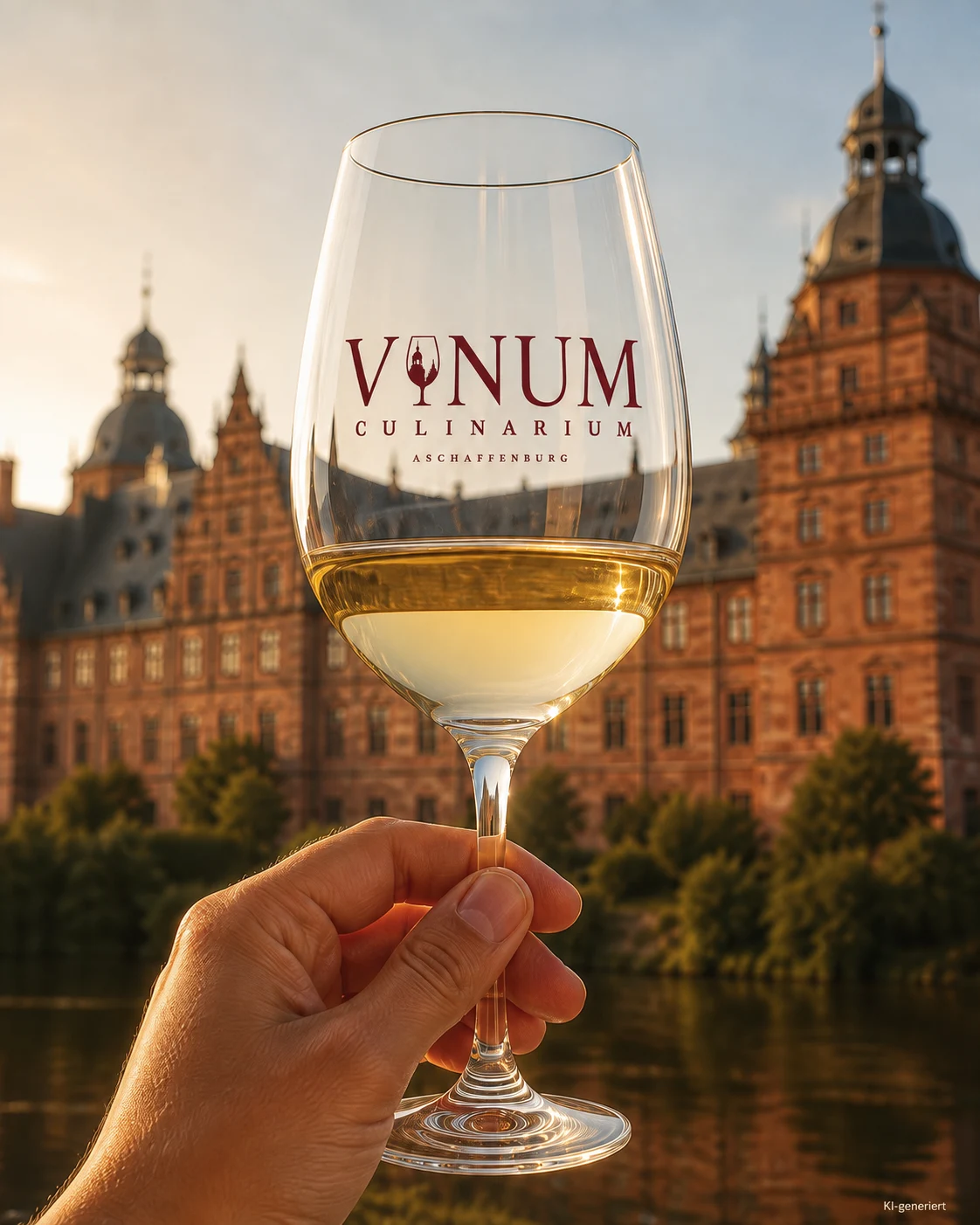 Eine Hand hebt ein Weißweinglas mit Vinum-Culinarium-Logo vor Schloss Johannisburg im Abendlicht (KI-generiertes Symbolbild · Glasentwurf)